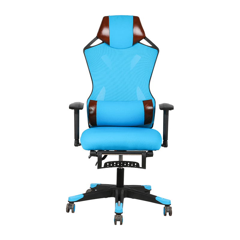 Silla de malla azul con grueso cojín de asiento y respaldo.